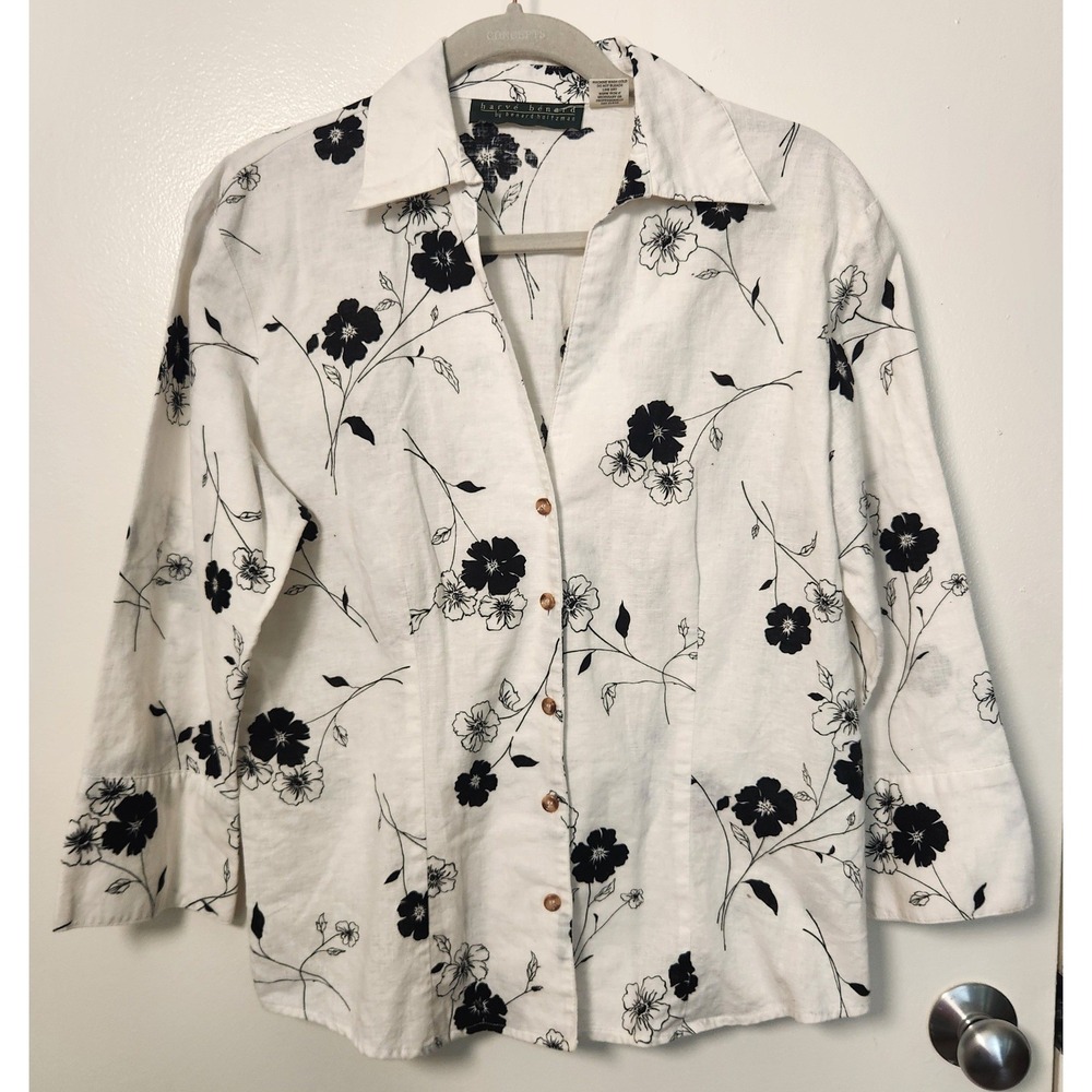 Harve Bernard Women's Button Down XL V-Neck Linen Cotton 3/4 Sleeves Floral